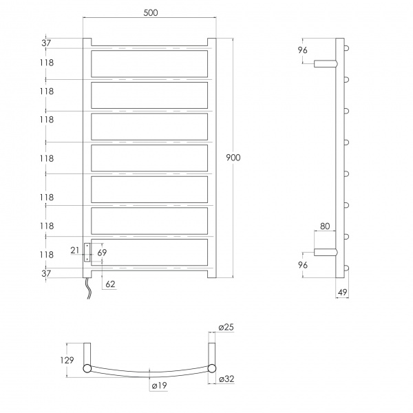 Рушникосушарка електрична Imprese IHR509108123 8П 500x900 чорний матовий лівий