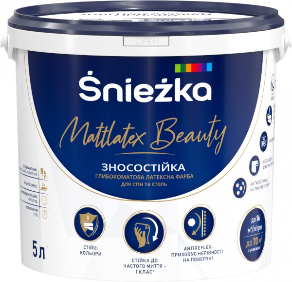 Фарба латексна водоемульсійна Sniezka Mattlatex Beauty глибокий мат білий 5л 6,8кг 