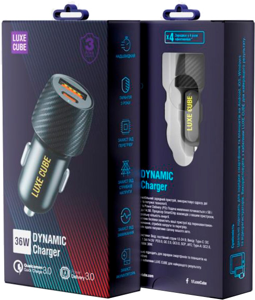 Автомобильное зарядное устройство Luxe Cube USB type-С / USB Type-A 3.0 Power Delivery Black (4446689880957) 