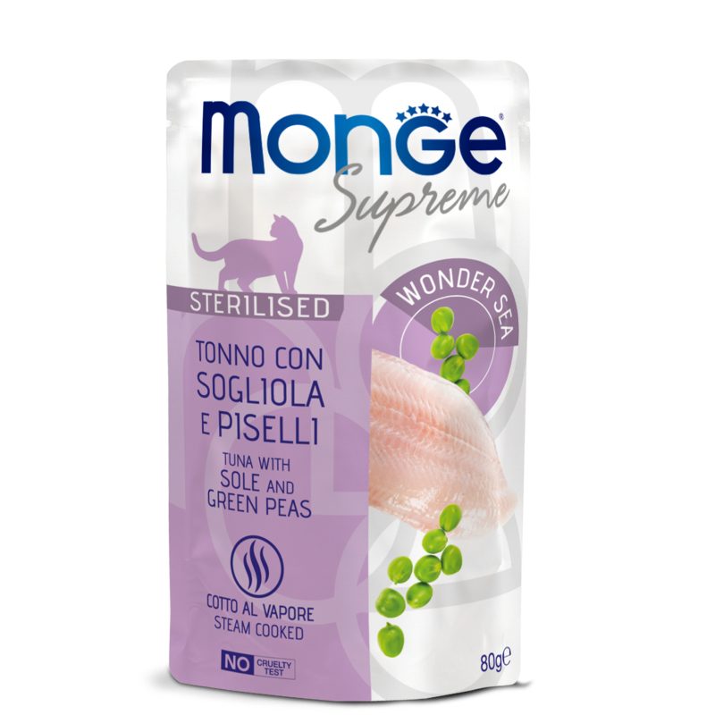 Корм влажный для стерилизованных котов Monge sterilised тунец с камбалой и зеленым горошком 85 г