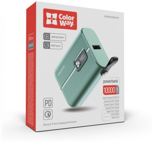 Внешний аккумулятор (Powerbank) ColorWay Full power Ligthning + USB QC3.0 + USB-C PD 22.5W 10000 mAh green (CW-PB100LPK2GR-PDD) 
