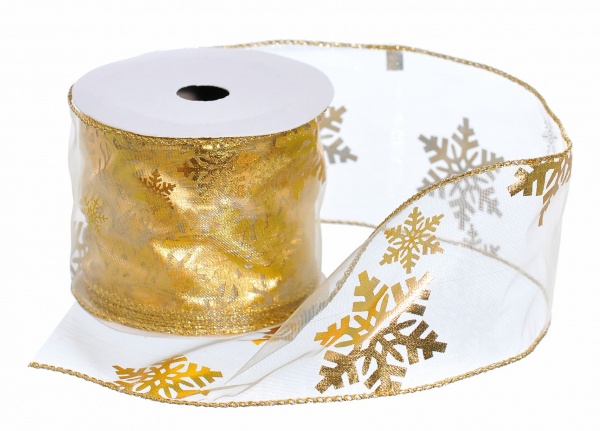 Лента декоративная 6,5 см x 2,7 м с золотыми снежинками K-638273 