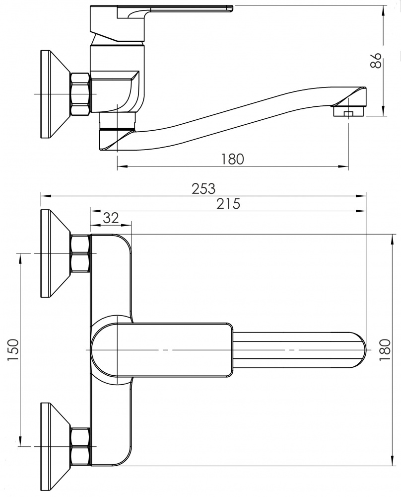 Смеситель для умывальника RJ ARA монтаж на стену, хром