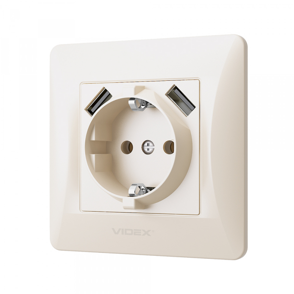 Розетка + USB із заземленням Videx Binera IP20 кремовий VF-BNSK1GU2-CR