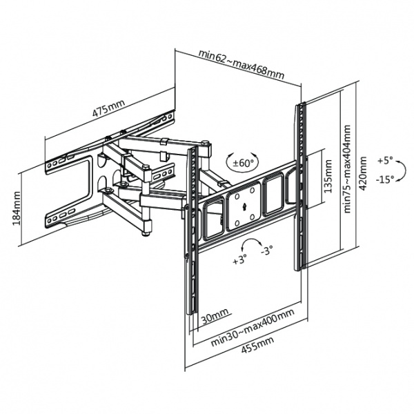 Крепление для телевизора Kivi Motion-446, 40кг, поворотно-наклонные 37