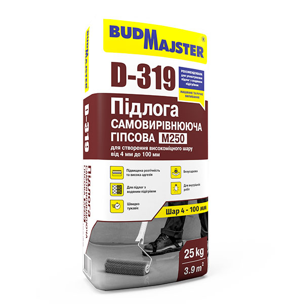 Самовыравнивающийся пол BudMajster D‑319 гипсовая М250 для ручной и машинной выливки 