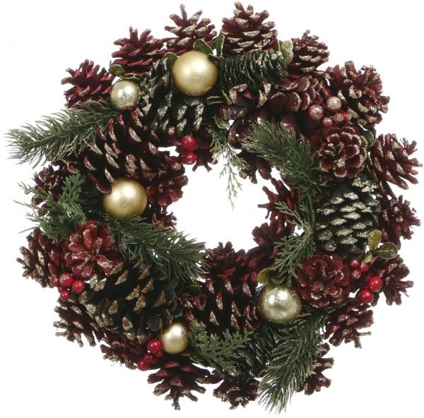 Венок новогодний с шишками, шариками и хвоей d330 мм E5167079 