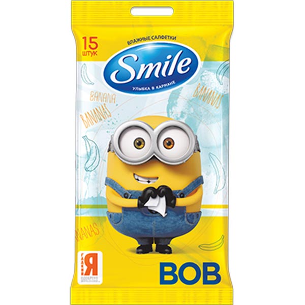 Влажные салфетки Smile Minions Bob с еврослотом 15 шт.