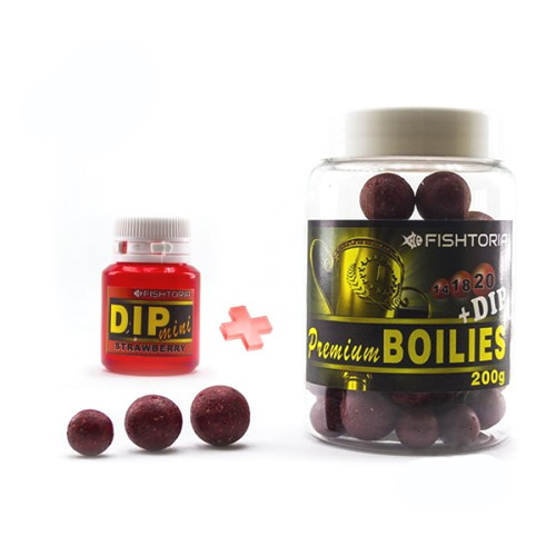 Бойли Fishtoria насадочні Premium Boilies 14.18.20мм + DIP 20мл полуниця 200 г — фото 1