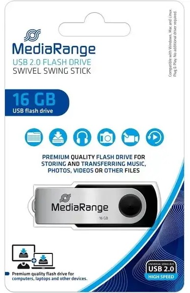 Флеш-память USB MediaRange 16 ГБ USB 2.0 black/silver (MR910)