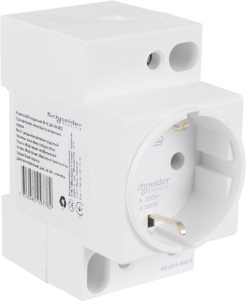 Розетка на DIN-рейку с заземлением Schneider Electric DIN 2Р+Е 16А 250 В без шторок белый A9A15310