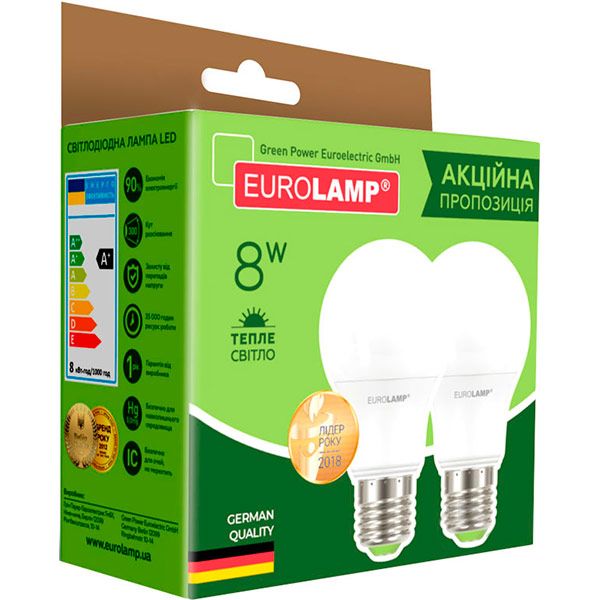 Лампа світлодіодна Eurolamp MLP-LED-A60-08273(Е) 2 шт./уп. 8 Вт A60 матова E27 220 В 3000 К 