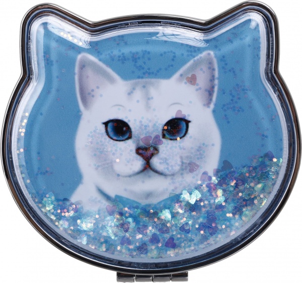 Зеркало карманное косметическое Лідер Канц Котик с сыпучими блестками фигурное 12 вариантов в ассортименте 