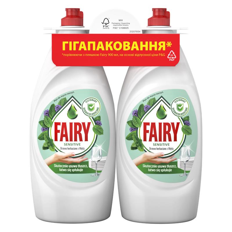 Средство для ручного мытья посуды Fairy Чайное дерево и мята 900+900 мл 2 шт. 1,8л