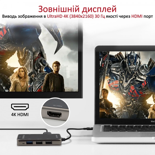 USB-хаб Promate USB-C хаб 7-в-1 PrimeHub-Lite HDMI/USB-C/USB 3.0/2xUSB 2.0/SD/MicroSD Grey