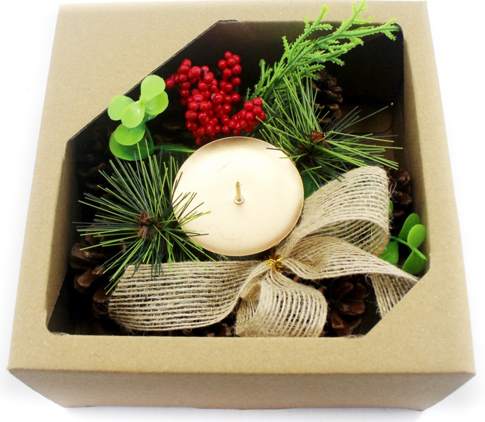 Декорация новогодняя подсвечник с шишками, ягодами, бантом W01-1309/11K