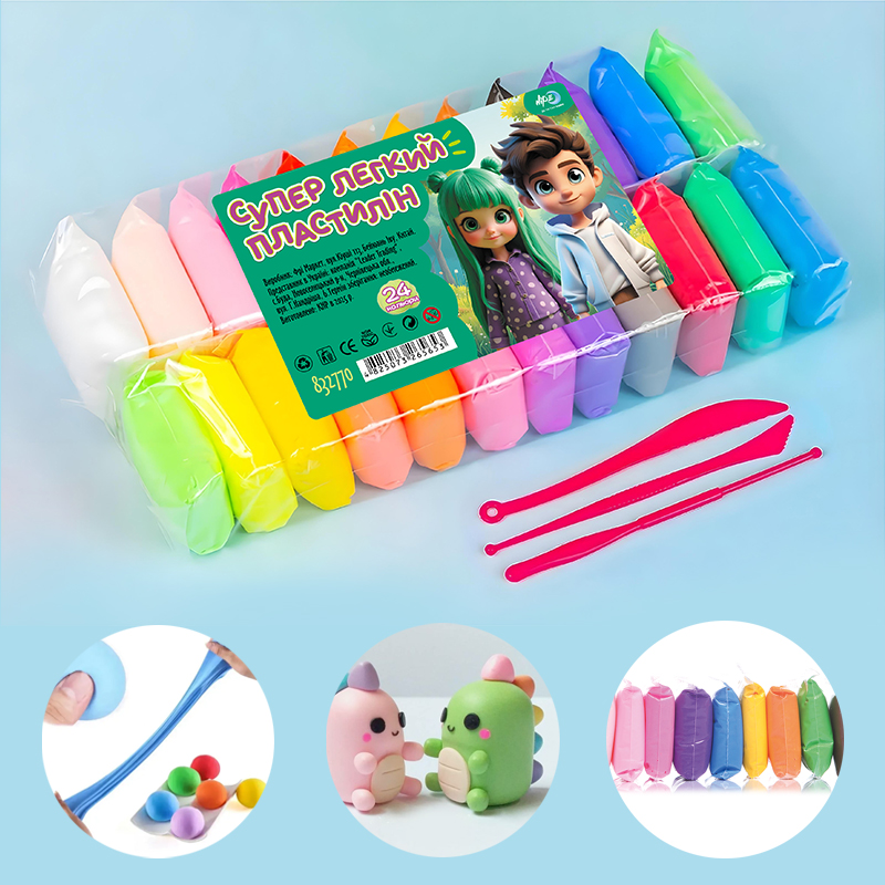 Пластилин легкий 24 цвета 216 г со стеками Лідер