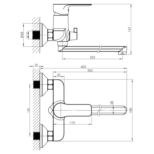 Змішувач для ванни Imprese HORAK L-вилив 400 мм, з душовим гарнітуром, хром