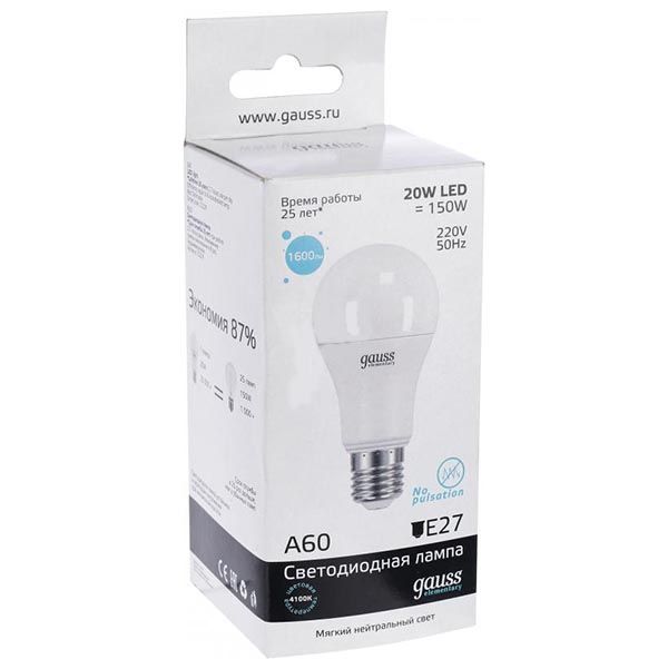 Лампа светодиодная Gauss Elementary 20 Вт A60 матовая E27 220 В 4100 К 23229 