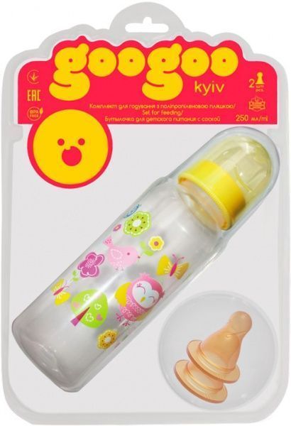 Набор GooGoo для кормления с с полипропиленовой бутылочкой 250мл (с резиновыми сосками 2шт) желтый
