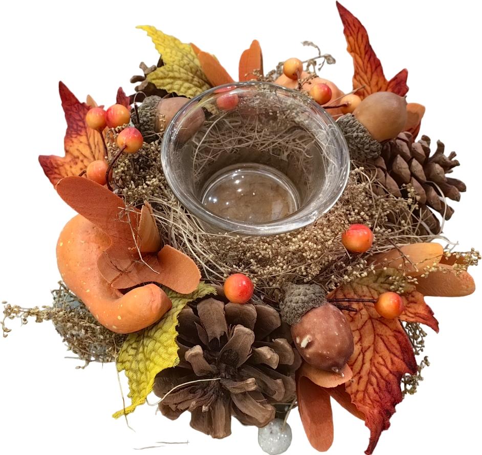Подсвечник осенний с шишками и тыквами оранжевый 18 см
