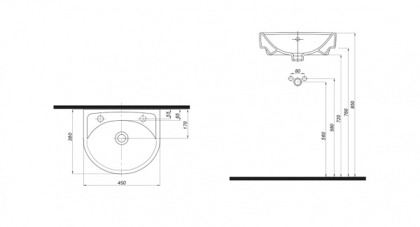 Умывальник Kolo Status 45 с переливом и отверстием справа 2322450UA