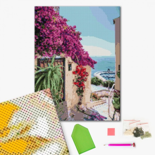 Алмазная мозаика Цветущая улочка Греции 40х50 см Brushme 