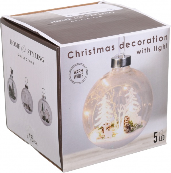 Елочная игрушка с подсветкой в форме шара с домом на 5 светодиодов в ассортименте 18,5 см 