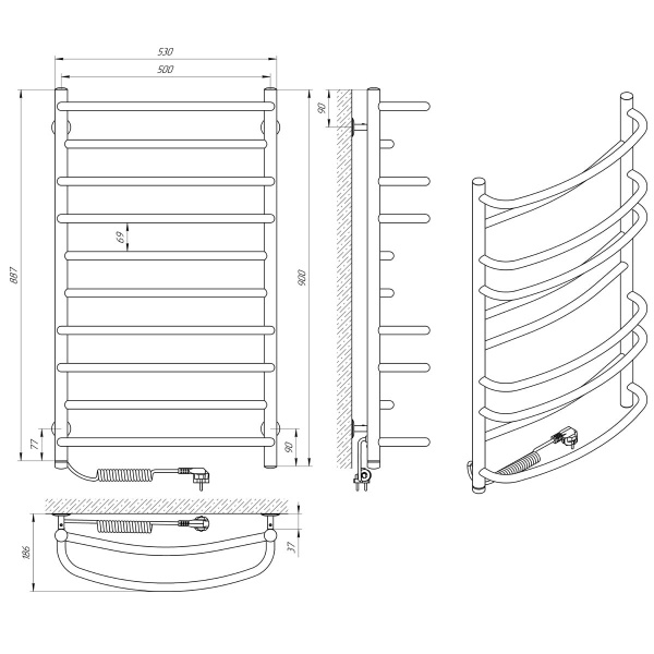 Рушникосушарка електрична Evro-Termo Піанно П10 500x900 Л П S3