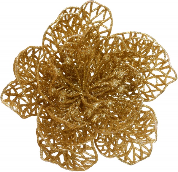 Цветок декоративный новогодняя малая золотая присыпка 10 см с зажимом