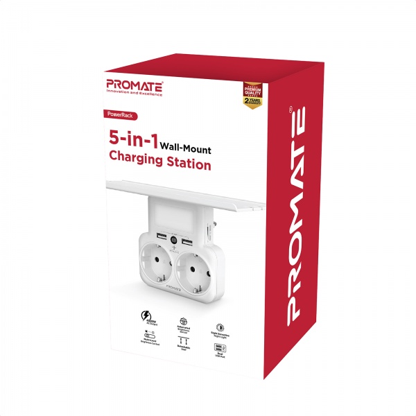 Перехідник мережевий Promate 5-в-1 PowerRack на 2 розетки та 2 USB порта White із заземленням 2 гн. white powerrack.eu 