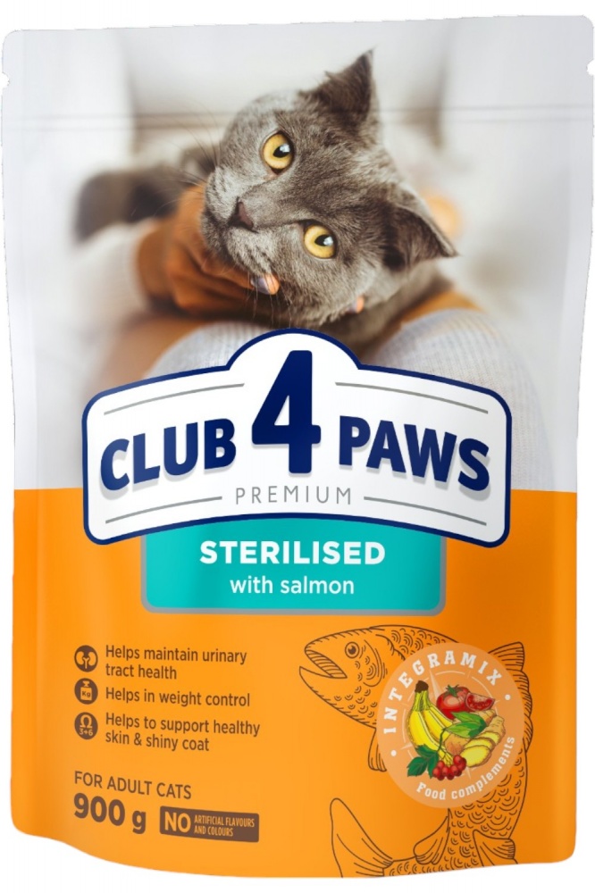Корм сухий для стерилізованих котів Club 4 Paws преміум з лососем (4820269144804) 900 г