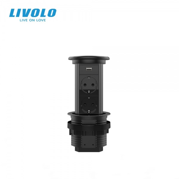 Розетка меблева + USB подвійна із заземленням Livolo C7 IP44 чорний VL-SHS019-FCTC-B