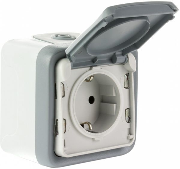 Розетка із заземленням Legrand Quteo 2К+З 16А 250 В IP55 без шторок з кришкою сірий 69733