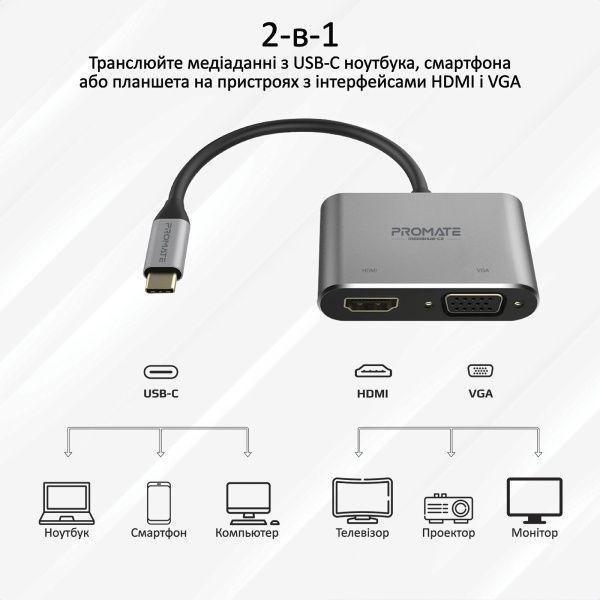 USB-хаб Promate MediaHub-C2 HDMI/VGA Grey