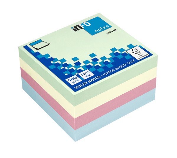 Блоки паперові самоклейкі Notes Cube 75х75х400 pastel mix INFO