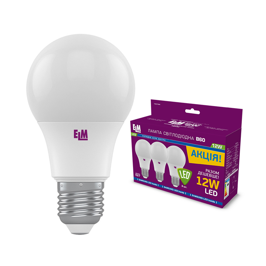 Лампа світлодіодна ELM 3 шт./уп. 12 Вт A60 E27 220 В 4000 К 18-0184