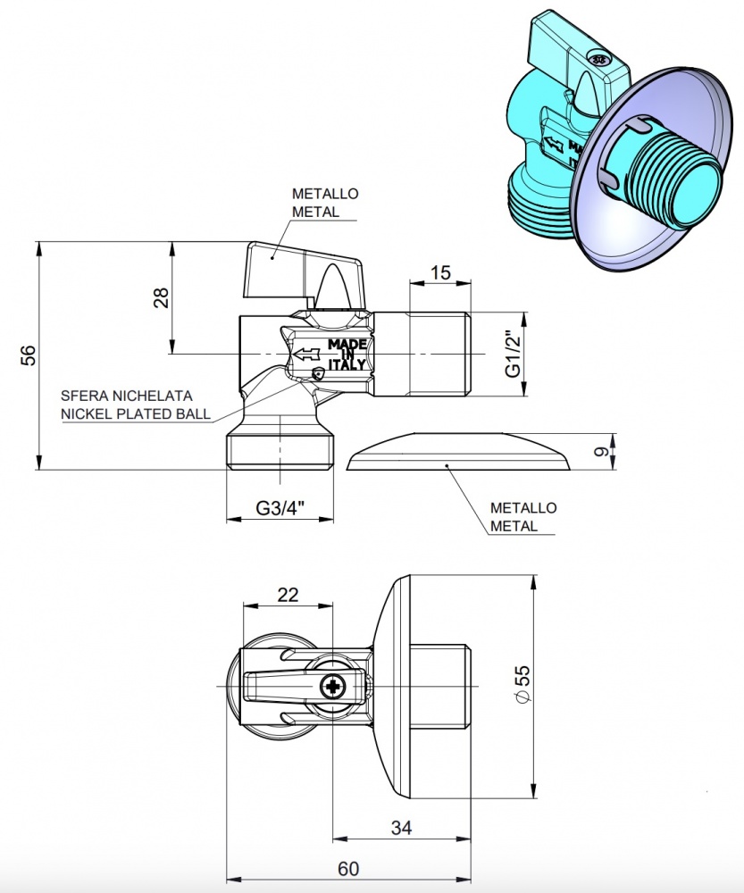 Кран кульовий Rhein для пральної машини 1/2x3/4 з-з 210010004
