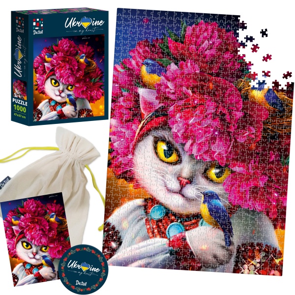 Пазлы картонные De.tail Белая кошечка в розовом венке DT1000-05