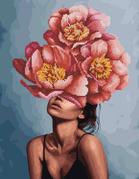 Алмазна мозаїка Комбінована Дівчина в квітучій півонії 40х50 см GZS1189 Brushme 