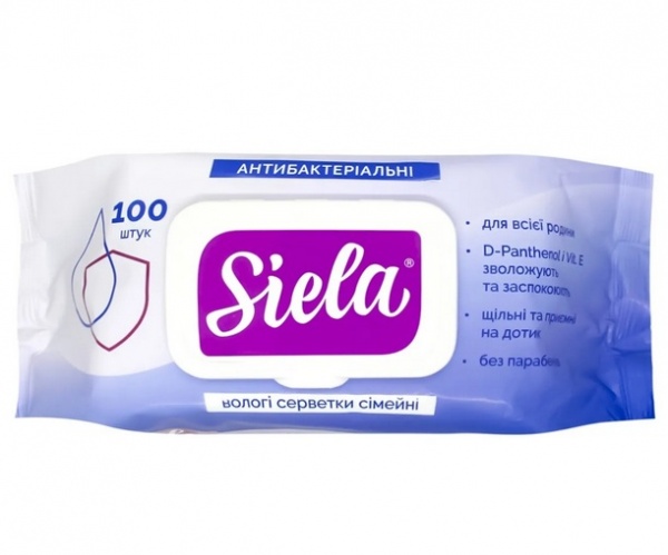 Антибактериальные влажные салфетки SIELA семейные с клапаном 100 шт.