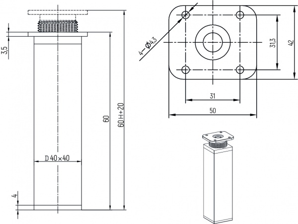 Ножка регулируемая DC 40x40x60 мм черная 