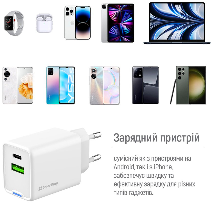 Мережевий зарядний пристрій ColorWay GaN Mini 45W PD Port PPS USB (Type-C PD + USB QC4.0) білий (CW-CHS060PD-WT)