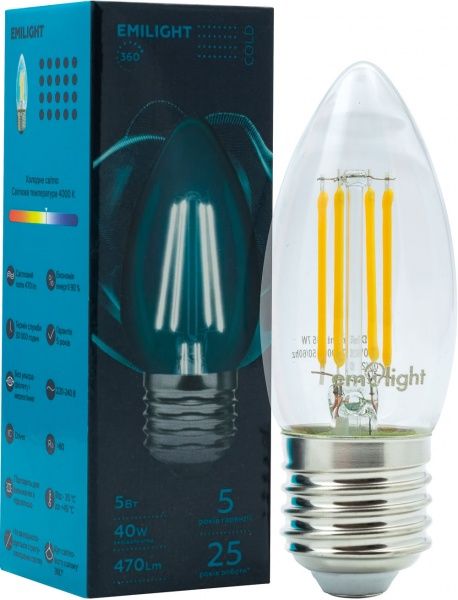 Лампа світлодіодна Emilight FIL C35 5 Вт E27 4000 К 220 В прозора 