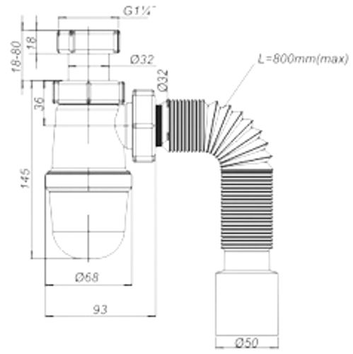 Сифон для умывальника ScandiSPA без выпуска, гофрированная труба L-800mm / D50mm