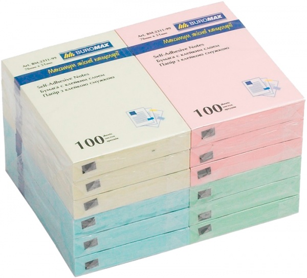 Бумага для заметок 76х76 мм 100 листов в ассортименте цветов Buromax
