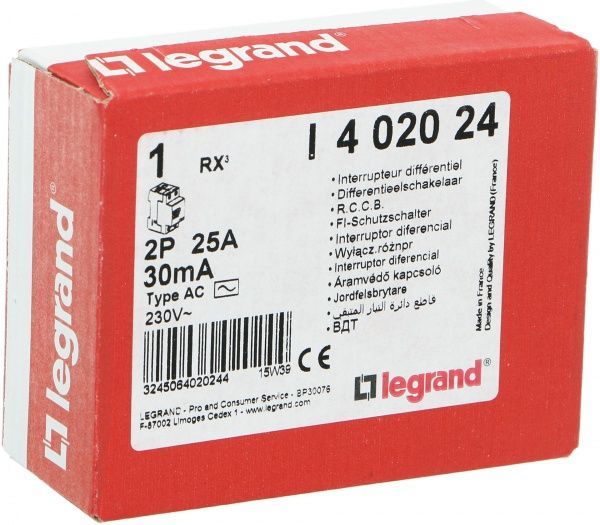 Диференційне реле Legrand RX3 30 мА 25 А 2p AC 402024