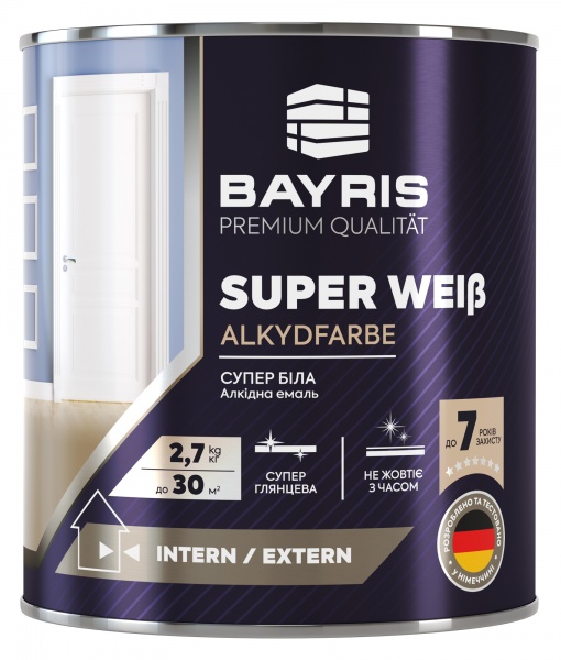 Емаль універсальна алкідна Bayris Super Weiss білий високий глянець 2,7кг