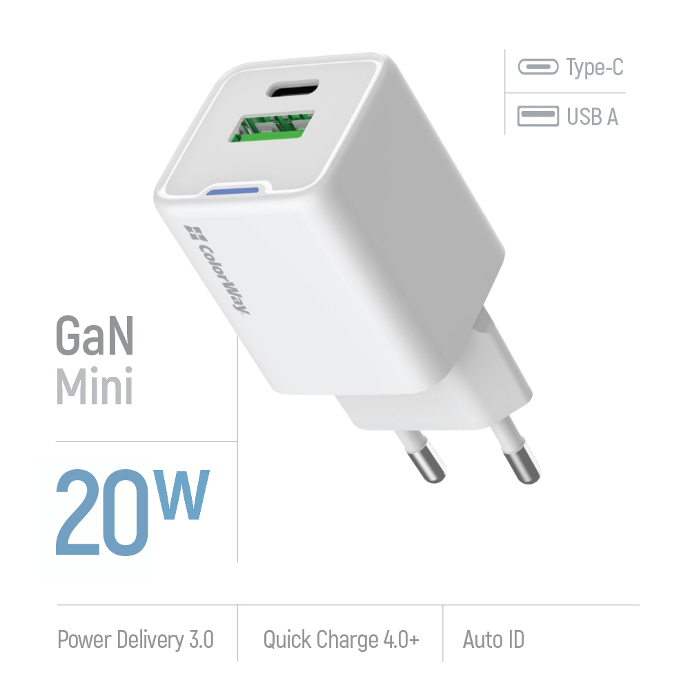 Зарядное устройство ColorWay GaN Mini 20W PD Port PPS USB