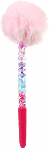 Ручка кулькова Пухнастий помпон з кристалами рожева 